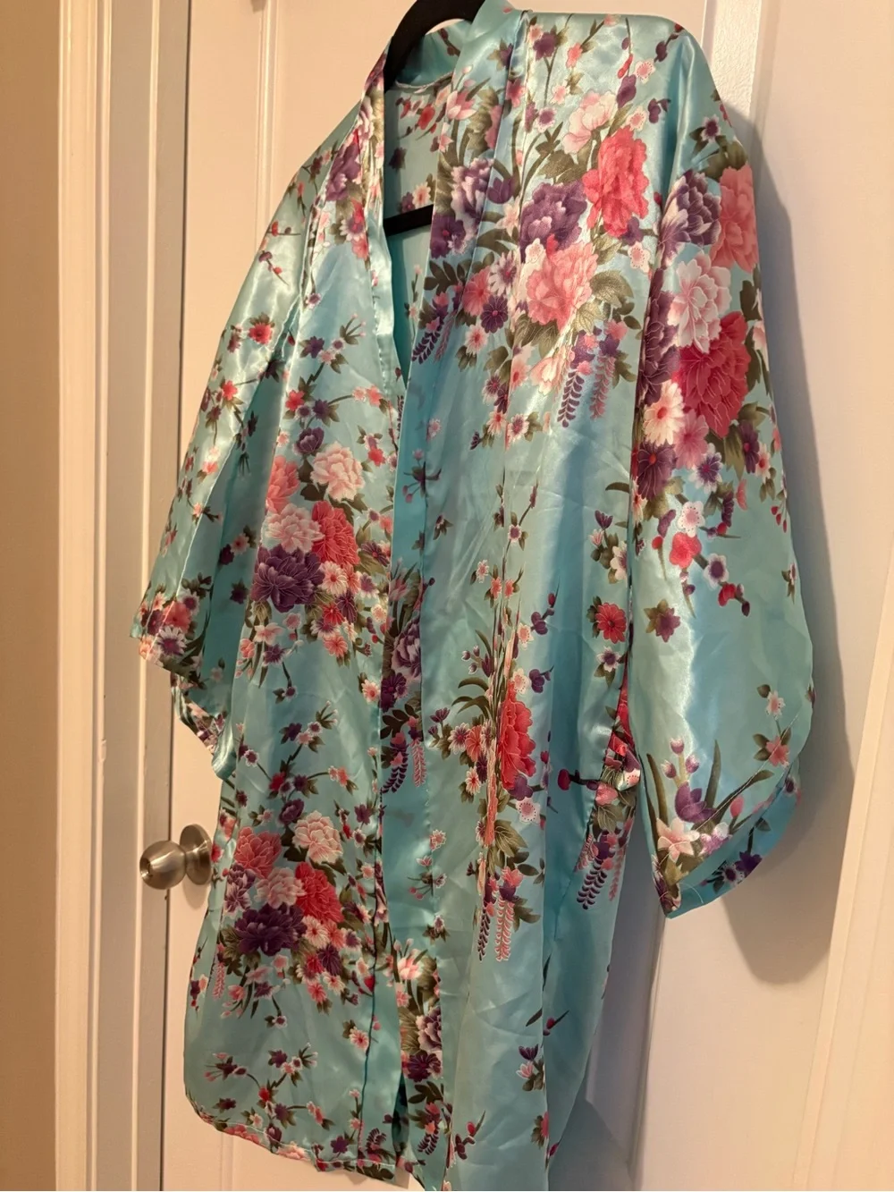 Pastel Blue Peony Floral Satin Dressing Gown / Bridesmaid Robe